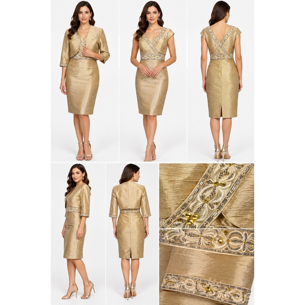 Annabelle Gold Beaded Dress Bolero Jacket Set Mother of the Bride Formal Size 12